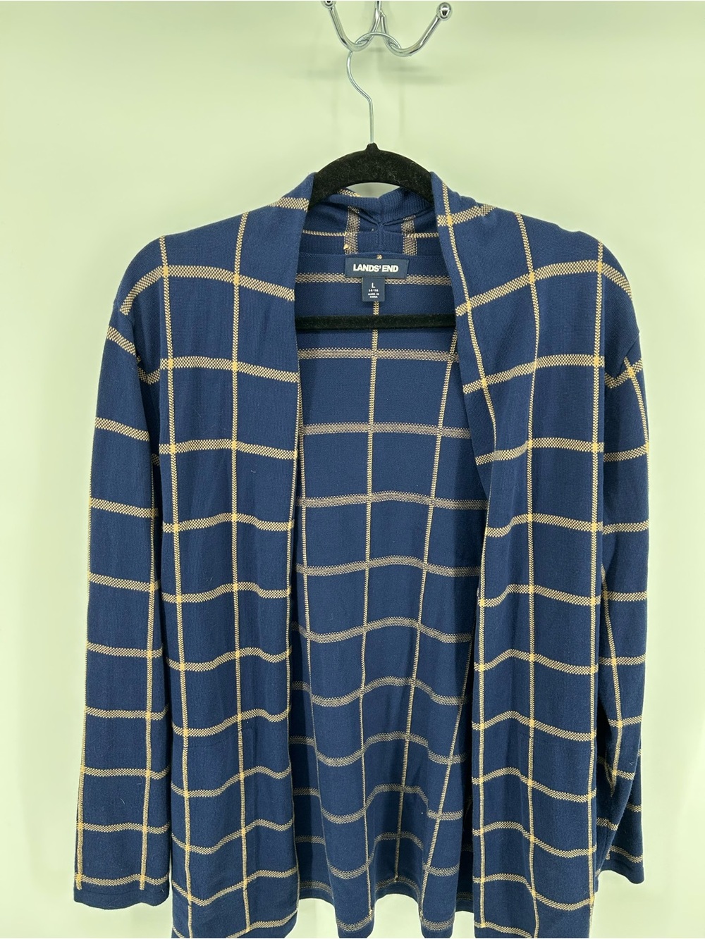 Lands' End Navy open front Cardigan with Beige Windowpane Check